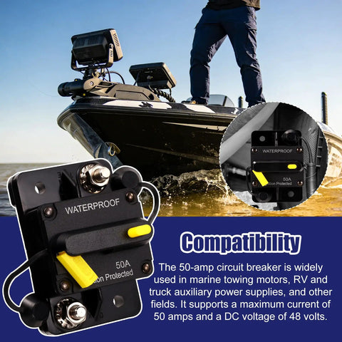 Heavy Duty 50 Amp Marine Circuit Breaker For Minn Kota Trolling Motor, waterproof switch shown in use on a fishing boat.