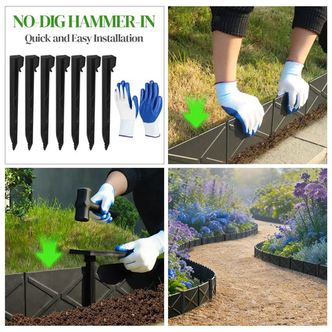 Six Pack Heavy Duty Metal Landscape Edging Kit with Hammer In Stakes for No Dig Garden Borders, installation process and finished pathway.