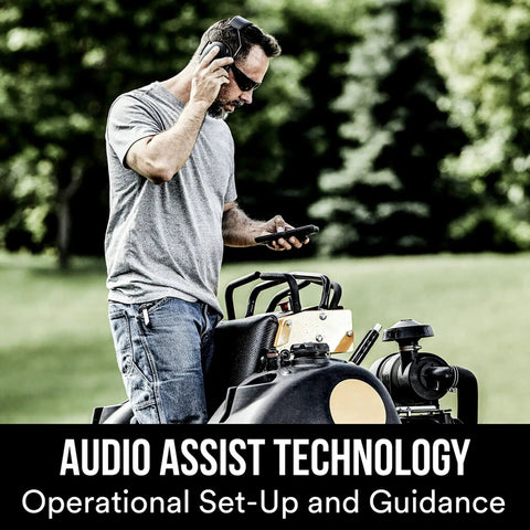 Man using WorkTunes Connect Hearing Protector With Bluetooth Wireless Tech And High Fidelity Sound 24 DB NRR Earmuffs outdoors.