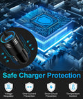 Blazing Fast USB C Car Charger Adapter With 3.4A Output showing safe charger protection features and voltage regulation system.