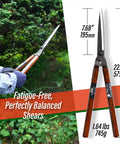 Pro Grade Hedge Shears 22.6 Inch For Precise Hedge Trimming And Shaping, Japanese Craftsmanship, shown with ergonomic oak handle.
