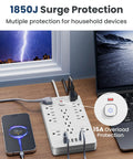 Power Strip Surge Protector With 14 Outlets And 6 USB Ports Including 2 USB C For Home Office Or Dorm, 6 Ft Flat Plug Extension Cord, 1850 Joules Surge Protection, ETL Listed, Overload Safe, Space Saving 14 Outlet Hub on desk with phone and laptop