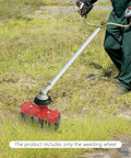 Four Tooth Rotary Cultivator Tool With Weeding Wheel Attachment in action on a grassy field, showing manganese steel blades.