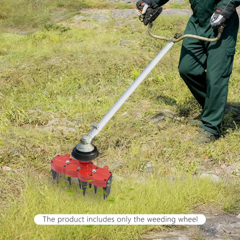 Four Tooth Rotary Cultivator Tool With Weeding Wheel Attachment in action on a grassy field, showing manganese steel blades.