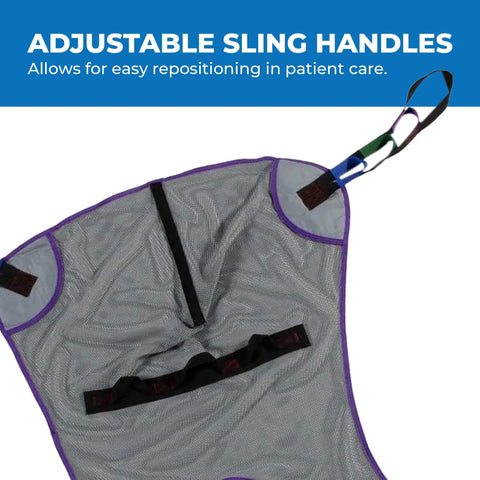 Adjustable handles of Patient Aid Full Body Mesh Commode Sling For Hoyer Patient Lift, providing easy repositioning in patient care.