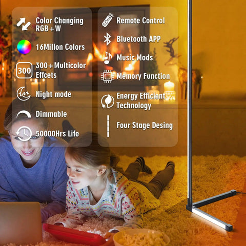 Children playing near 2 Pack RGB Corner Floor Lamp Set For Living Room with app control and color-changing LED lighting features.