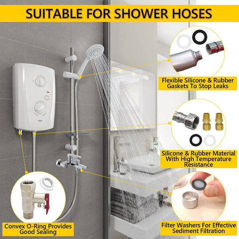 Leakproof Rubber And Silicone Gasket Washers Kit With 135 Pieces Across 16 Sizes Garden Hose Washers With Screen Filter details shown with shower setup.