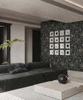 Living room with Black And Gold Delicate Floral Peel And Stick Wallpaper 236x16.1 Inches Waterproof Vinyl Self Adhesive Removable Wall Covering on wall