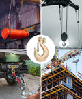 Ten Pack Five Sixteenth Inch Forged Steel Clevis Slip Hooks With Safety Latch For Towing And Winch Heavy Duty G70 Clevis Grab Hooks Two Ton Capacity Opening Approximately Zero Point Seven Inches Corrosion Resistant, shown in various industrial use scenarios including lifting and securing.