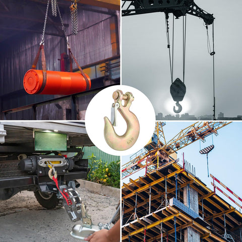 Ten Pack Five Sixteenth Inch Forged Steel Clevis Slip Hooks With Safety Latch For Towing And Winch Heavy Duty G70 Clevis Grab Hooks Two Ton Capacity Opening Approximately Zero Point Seven Inches Corrosion Resistant, shown in various industrial use scenarios including lifting and securing.