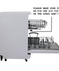 Whip Dishes Clean With This Slick 18 Inch Wide Portable Dishwasher Featuring A Stainless Steel Tub, Eight Place Settings, Energy Star Efficiency, Six Smart Wash Cycles, And Time Delay Setup In Crisp White Finish For Your Home, with open racks and safety note visible.