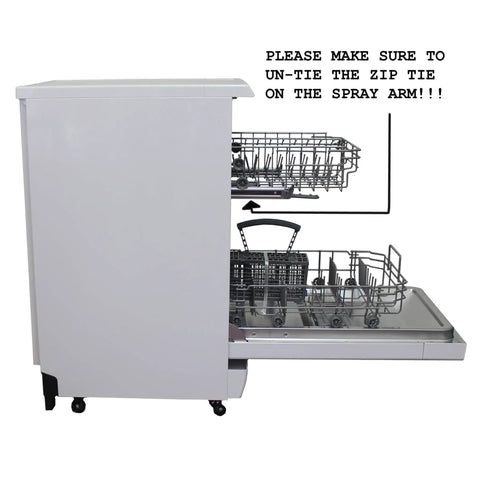 Whip Dishes Clean With This Slick 18 Inch Wide Portable Dishwasher Featuring A Stainless Steel Tub, Eight Place Settings, Energy Star Efficiency, Six Smart Wash Cycles, And Time Delay Setup In Crisp White Finish For Your Home, with open racks and safety note visible.