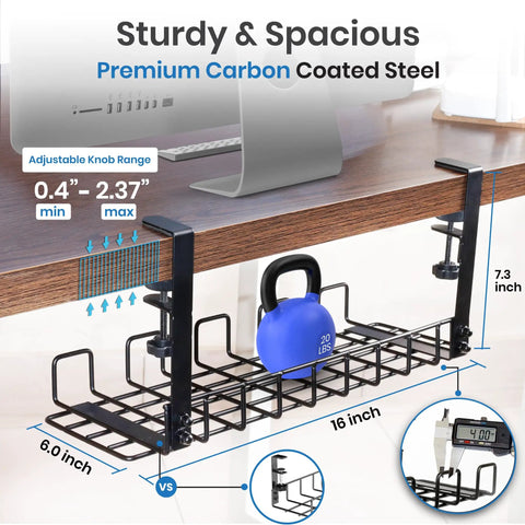 16 Inch Under Desk Cable Management Tray No Drill Cord Organizer with Secure Clamps and 20 lb weight, shown installed under desk.