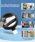 Round Cam Lock Security Lock Black For Electric Control Panels And Electrical Enclosures shown with keys and product features.