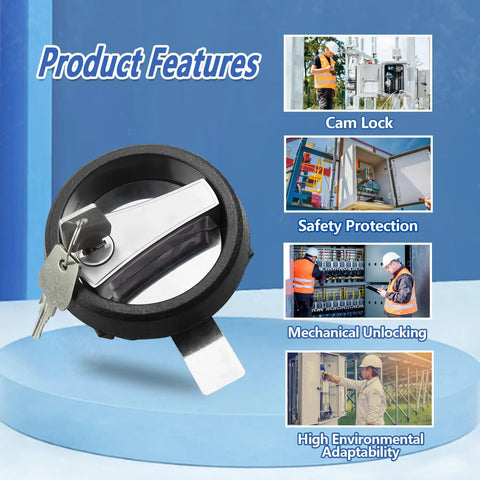 Round Cam Lock Security Lock Black For Electric Control Panels And Electrical Enclosures shown with keys and product features.