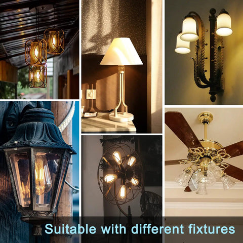Retro Edison LED Filament Bulbs 8W ST58 in various fixtures for home, office, and farmhouse lighting, antique look, dimmable.