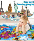 Child playing on World Map Felt Set For Kids, Hands-On Flannel Board Educational Play Mat With World Famous Sights, 43 By 28 Inch Preschool Geography Fun.
