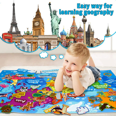Child playing on World Map Felt Set For Kids, Hands-On Flannel Board Educational Play Mat With World Famous Sights, 43 By 28 Inch Preschool Geography Fun.