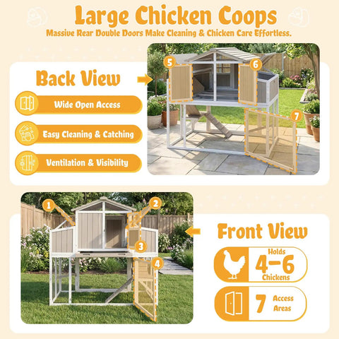Front and back view of a large chicken coop with four nesting boxes for four to six hens, featuring dual egg collection doors.
