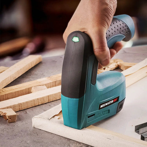 Using the Cordless 2 In 1 Brad Nailer And Stapler Kit With USB Charger Cable, 4V for upholstery on wood surface