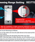 12 Pack No Hassle Slide Dimmer Light Switch Single Pole Or Three Way For Led Dimmable Lamps And Cfl Incandescent Halogen Bulbs Low Profile Wall Controls With Etl Listing And White Plate Included showing sensitivity dial and rocker switch.