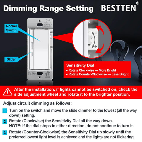 Sleek Super Slim Slide Dimmer Switches 6 Pack White with slider and rocker switch for sensitivity adjustment and lighting control.