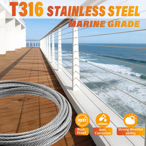 Outdoor Deck Railing Wire Rope Kit Fifty Feet Of Three Sixteenths Inch Type 316 Stainless Steel Cable With coastal view