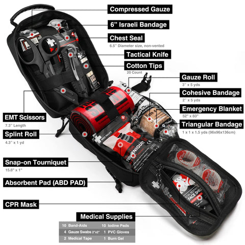 Black survival first aid kit MOLLE pouch with Israeli bandage, chest seal, tourniquet, EMT scissors, gauze, splint roll.