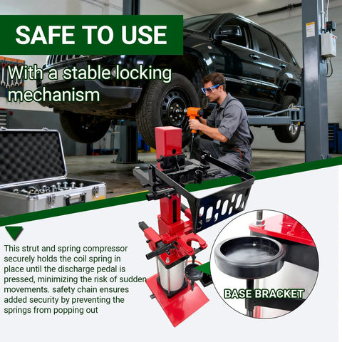 Heavy Duty Pneumatic Strut Compressor Badass Floor Setup Air Driven Shock Spring Remover with stable locking mechanism in use.