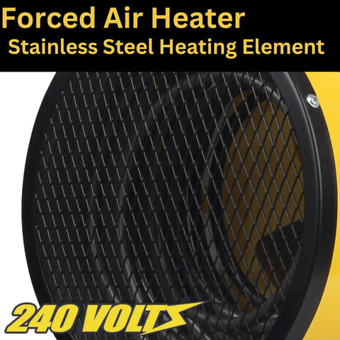 Close-up of Heavy Duty 240V Electric Forced Air Heater For Garage And Workshop With Wall Or Ceiling Mount Overheat Protection Turbo Fan