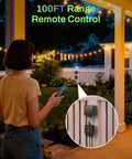 Person using remote for No Fuss Outdoor Light Timer With 3 Grounded Outlets Waterproof Dusk To Dawn Controller for String Lights