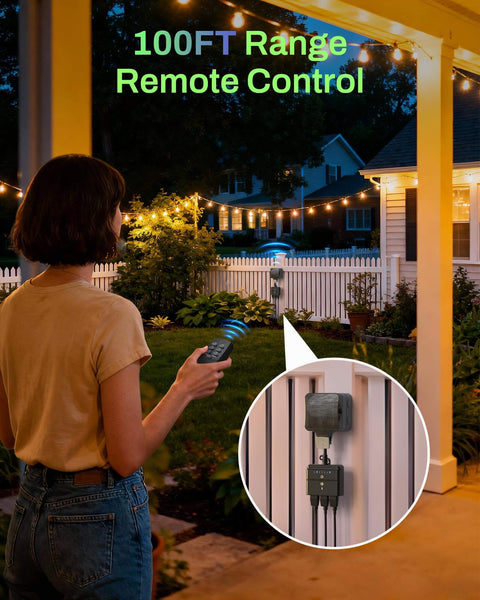 Person using remote for No Fuss Outdoor Light Timer With 3 Grounded Outlets Waterproof Dusk To Dawn Controller for String Lights