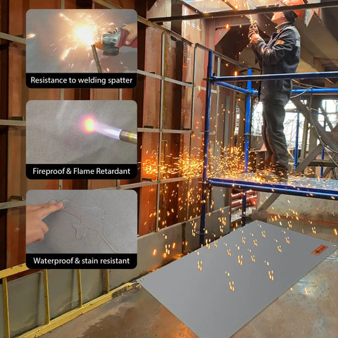 Heavy Duty Welding Blanket 6x8 Ft Silicone Coated Fireproof Shield in use shielding sparks and flames on worksite.