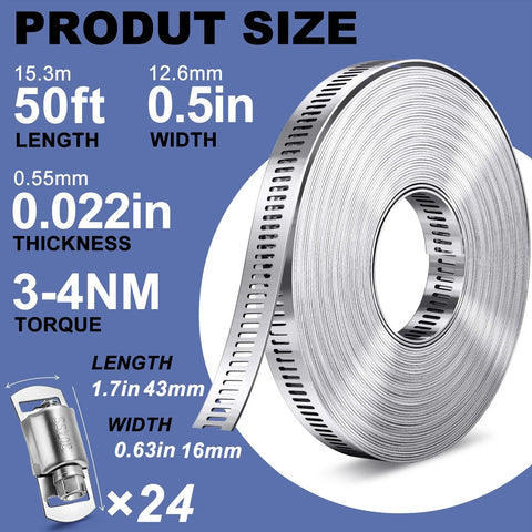 Stainless steel hose clamp roll, 50 ft x 0.5 in x 0.022 in, 24-pack.