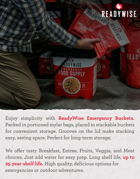 Person with 7 Day Emergency Food Kit For Bug Out And Camping With 60 Servings Of Freeze Dried Breakfast And Entrees Survival Meals