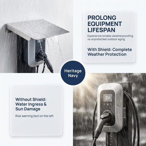 Stainless Steel EV Charger Weatherproof Cover All Season Heavy Duty Rainproof Housing For Outdoor Charging Posts with rain protection.