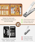 Comparison of two manicure sets, top features an open 13-piece stainless steel set in a brown leather case, bottom shows a smaller black set.