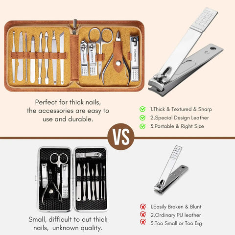 Comparison of two manicure sets, top features an open 13-piece stainless steel set in a brown leather case, bottom shows a smaller black set.