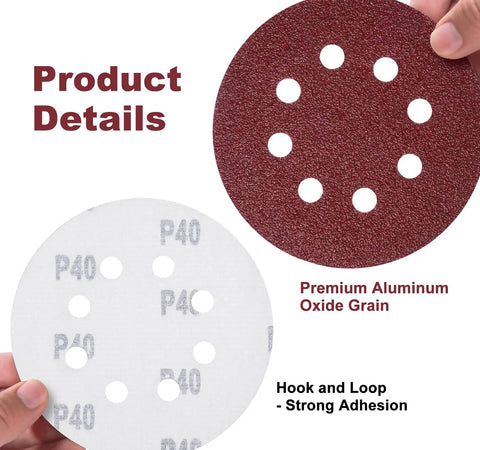 150 Piece 5 Inch 8 Hole Sanding Discs For Woodworking Aluminum Oxide Sandpaper With Hook And Loop Adhesive 40 Grit