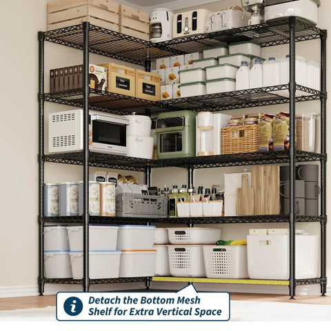 Five Tier Heavy Duty Metal Storage Shelves 60 Inch Wide Wire Shelving Unit Built To Last Holds A Beefy 1325 Lbs Total Load 265 Lbs Per Shelf Corner L Shaped Standing Rack For Garage Kitchen Pantry Basement 13.8 Inch Deep 70.5 Inch High, loaded in kitchen pantry