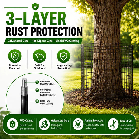 3-layer rust protection for Tough As Nails Black Vinyl Coated Hardware Cloth One Quarter Inch Mesh Wire Fencing Roll around a tree.