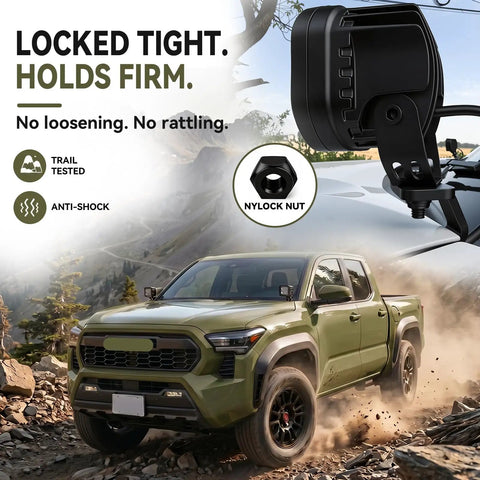 Heavy Duty Hole Free Ditch Light Brackets For 2024 2026 Toyota Tacoma And 2022 Plus Tundra With 2025 Plus 4Runner Hood Mount Led Pods featuring durable anti-shock design and nylock nut.