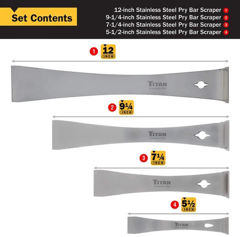 Heavy Duty Four Piece Stainless Steel Pry Bar Scraper Set With Nail Puller And Angled Edge lining up sizes from 5-1/2 to 12 inch