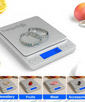 Compact Digital Kitchen Scale With Pro Grade Multi Unit Conversion Grams Ounces Pennyweights Troy Ounces Grains And Carat 0.1g To 3kg Precision For Everyday Cooking Baking Jewelry Coffee And Meal Prep displaying jewelry on weighing tray.