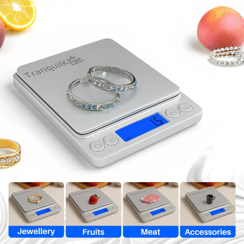 Compact Digital Kitchen Scale With Pro Grade Multi Unit Conversion Grams Ounces Pennyweights Troy Ounces Grains And Carat 0.1g To 3kg Precision For Everyday Cooking Baking Jewelry Coffee And Meal Prep displaying jewelry on weighing tray.
