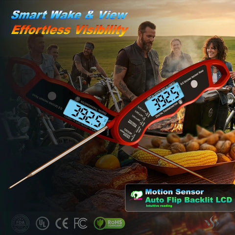 0.6 Second Instant Read Digital Meat Thermometer Pen Probe With Waterproof Backlit Display shown against BBQ setting