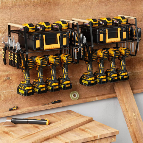 Power Tool Organizer Wall Mount For Garage Storage, Heavy Duty Drill Holder And Tool Rack holding tools against wooden wall