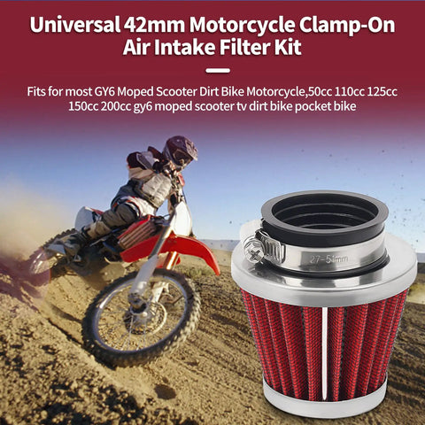 Universal 42mm air filter for pod and 150cc to 250cc motorcycles with dirt bike in background