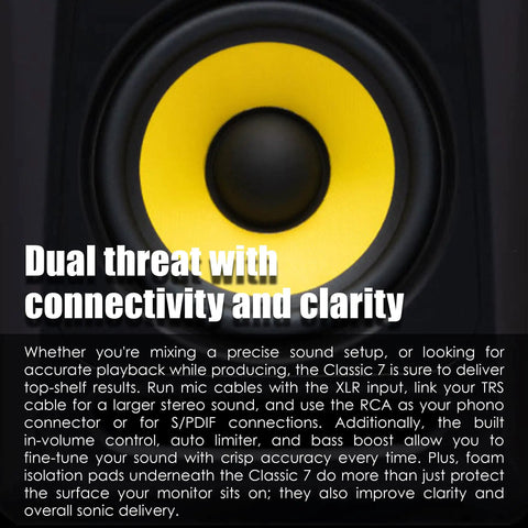 Classic 7 Inch Powered Two Way Studio Monitor With Built In Amps Pro Grade Bi Amped Design close-up of yellow cone