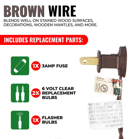 Clear Mini Christmas String Lights On Brown Wire UL Approved plug with replacement parts and fuse insert instructions.